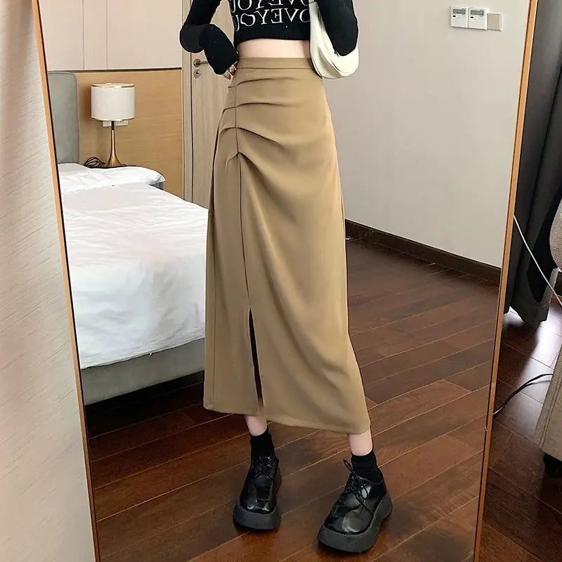 Valenzora - Women's midi skirt with pleats and side slit in Korean style