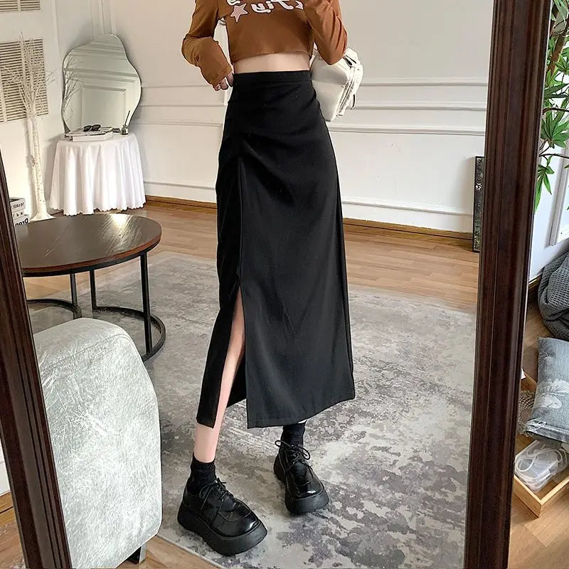 Valenzora - Women's midi skirt with pleats and side slit in Korean style