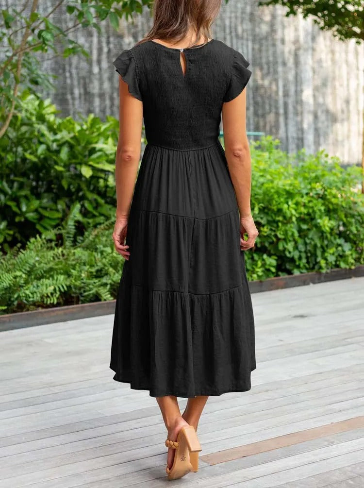 Valenzora | Gerafftes A-Linien-Sommerkleid mit Schmetterlingsärmeln