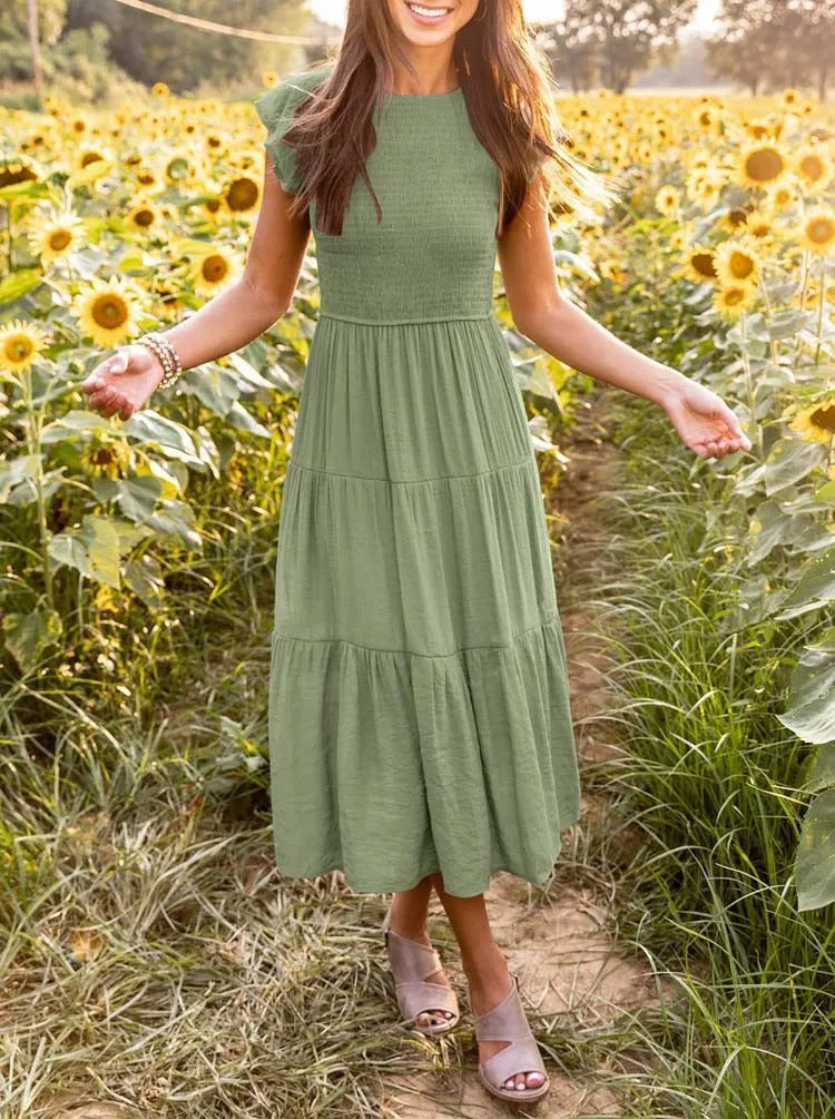 Valenzora | Gerafftes A-Linien-Sommerkleid mit Schmetterlingsärmeln