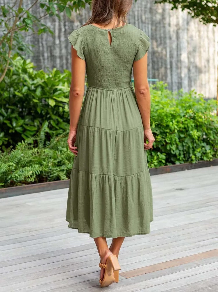 Valenzora | Gerafftes A-Linien-Sommerkleid mit Schmetterlingsärmeln