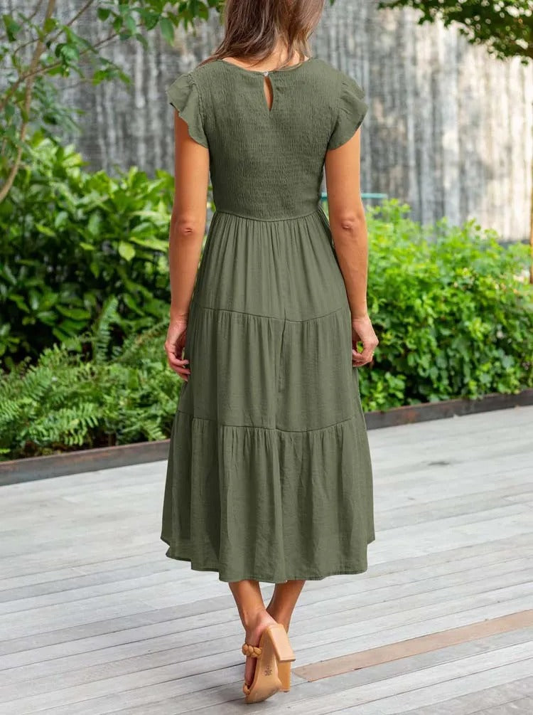 Valenzora | Gerafftes A-Linien-Sommerkleid mit Schmetterlingsärmeln