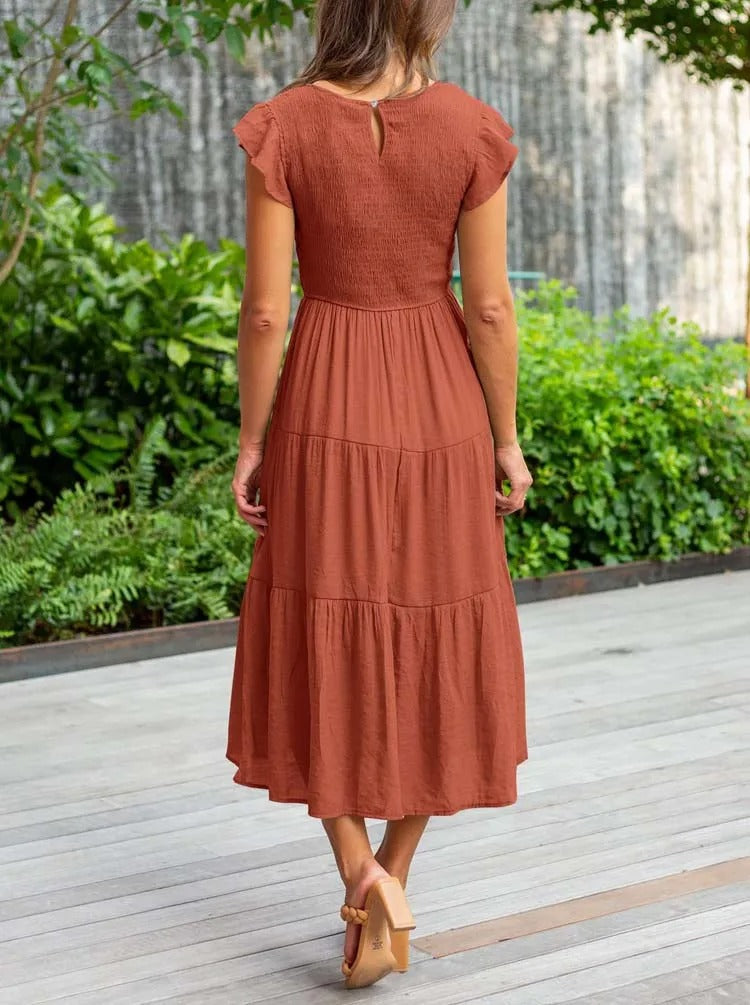Valenzora | Gerafftes A-Linien-Sommerkleid mit Schmetterlingsärmeln