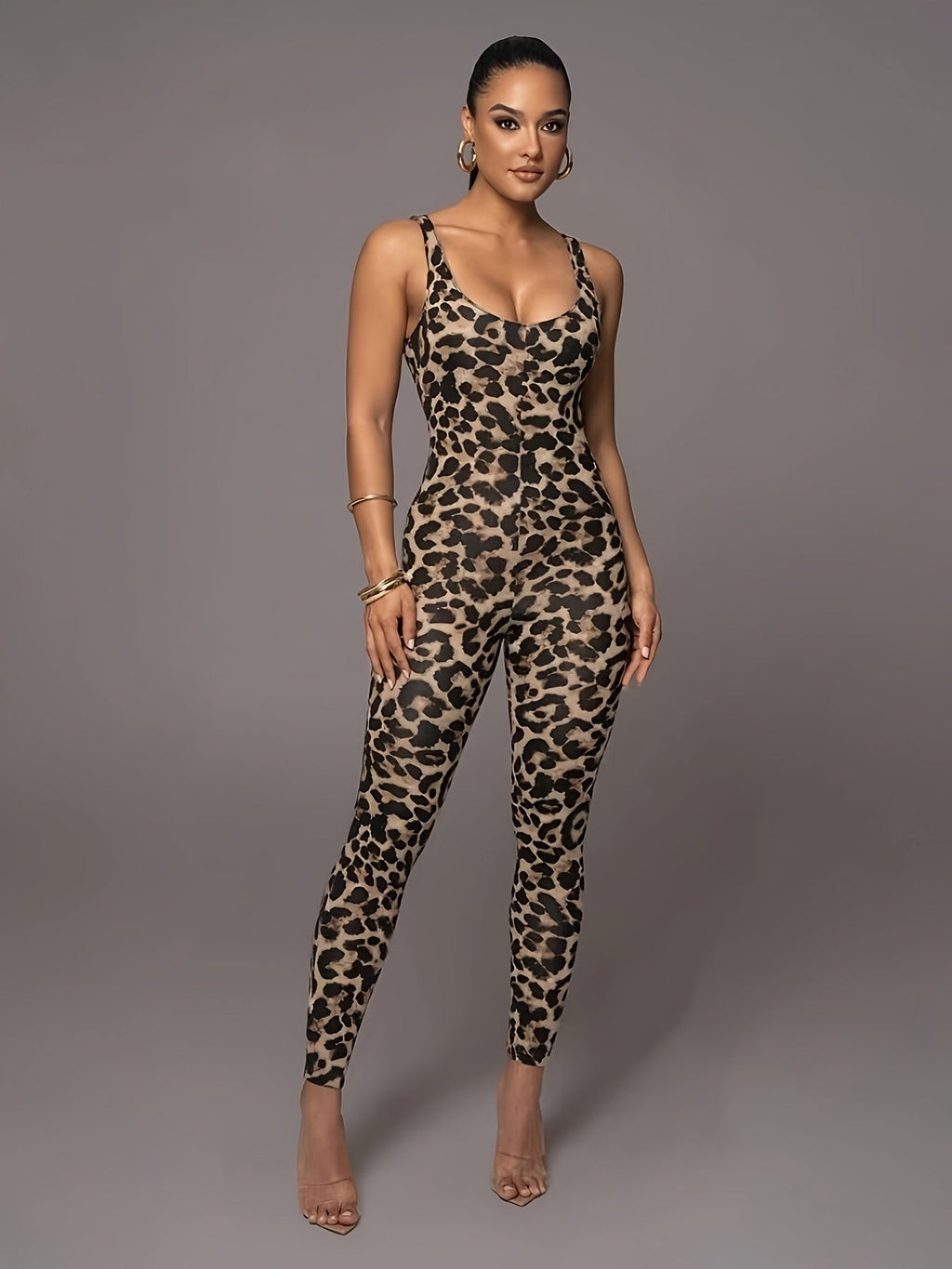 Valenzora | Women's Leopard Print Jumpsuit, Trendy Sporty Catsuit with High Stretch
