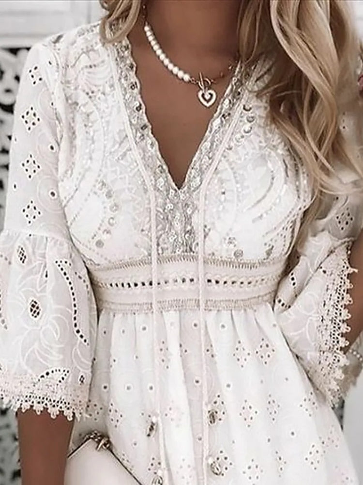 Valenzora | Half-sleeve boho style lace dress, summer dress