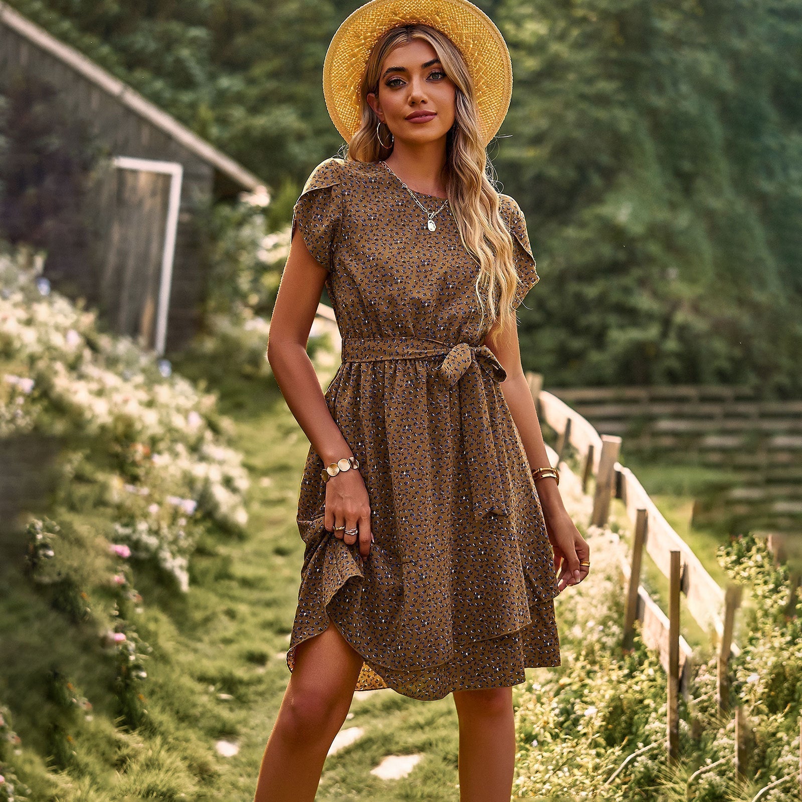 Midi dress with waistband