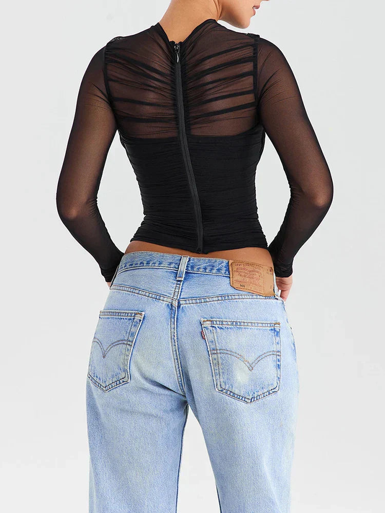 Mozision Transparentes, sexy Langarmshirt aus Netzstoff