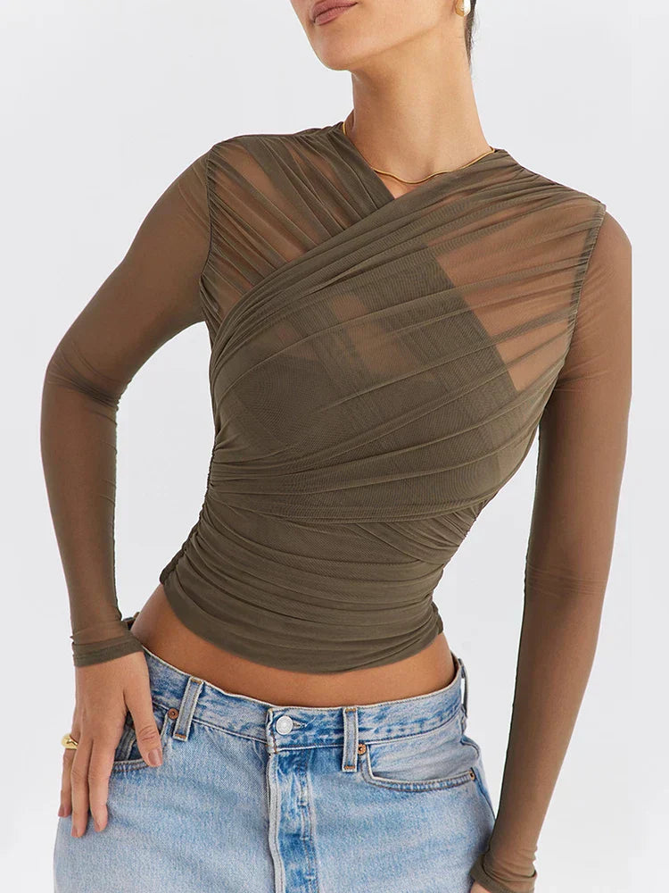 Mozision Transparentes, sexy Langarmshirt aus Netzstoff