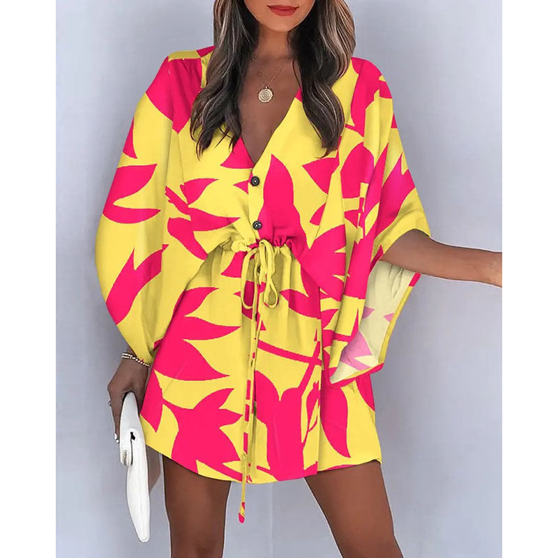 A-line dress with floral print and laced waist