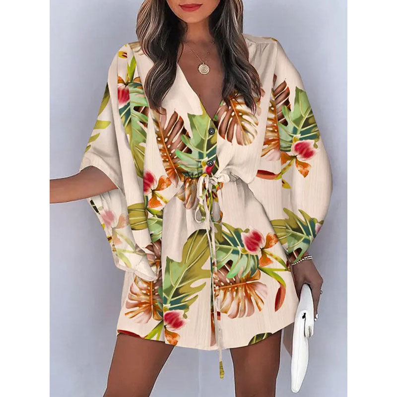 A-line dress with floral print and laced waist