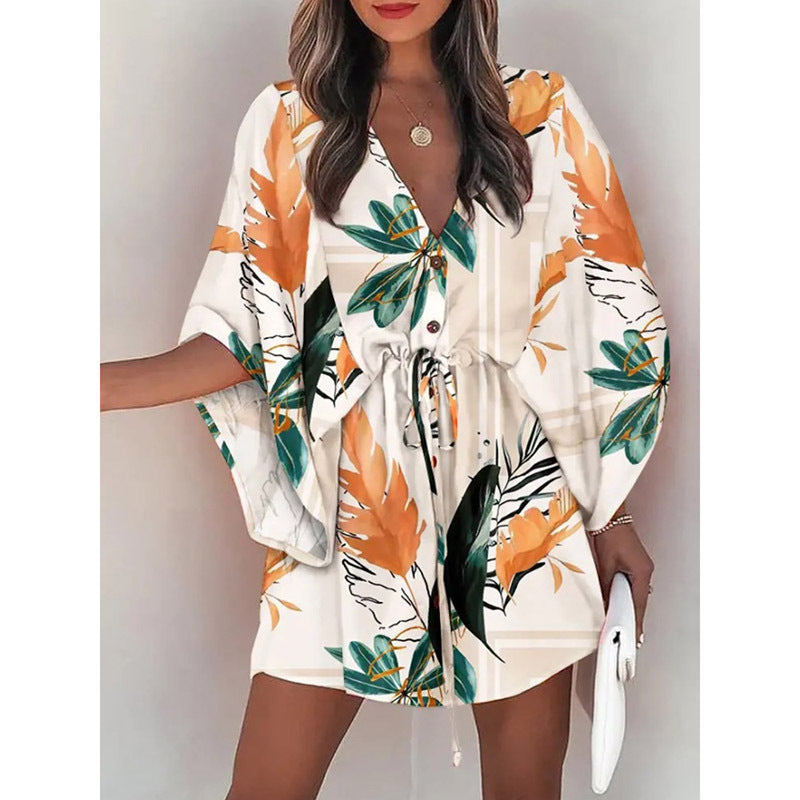 A-line dress with floral print and laced waist