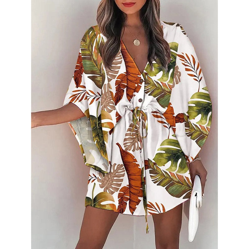 A-line dress with floral print and laced waist