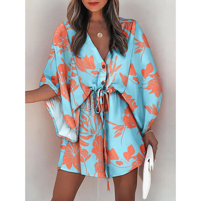 A-line dress with floral print and laced waist