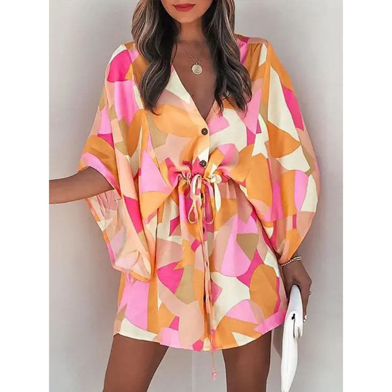 A-line dress with floral print and laced waist