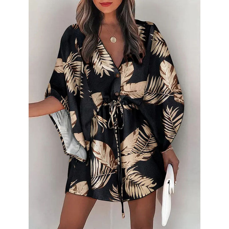 A-line dress with floral print and laced waist