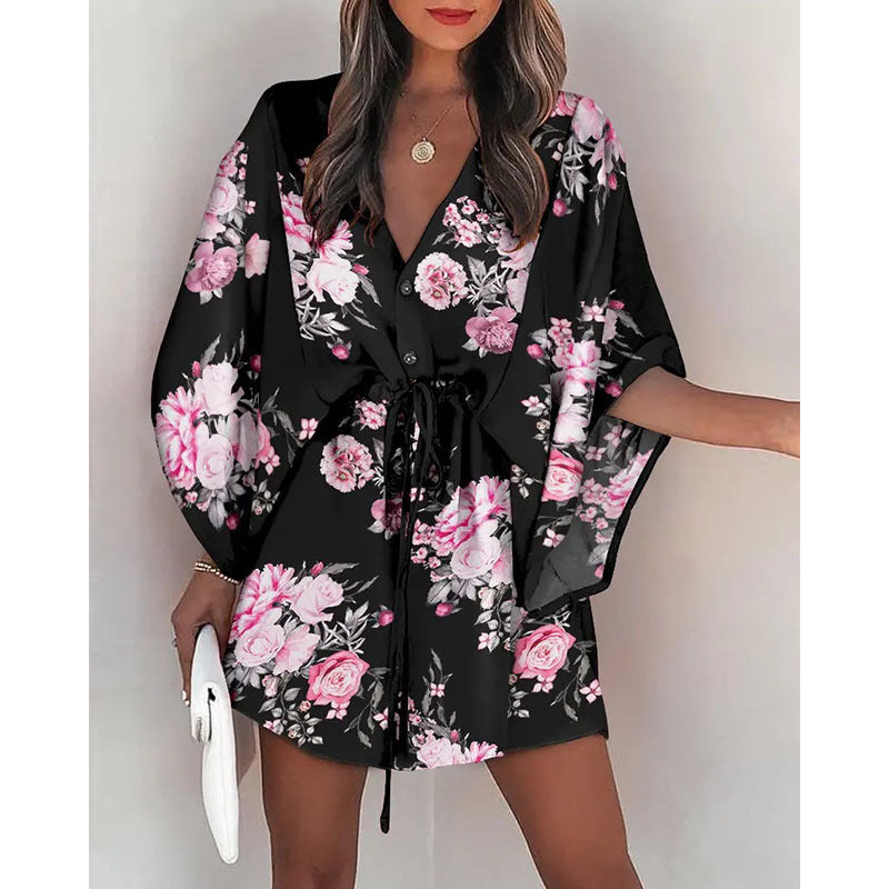 A-line dress with floral print and laced waist