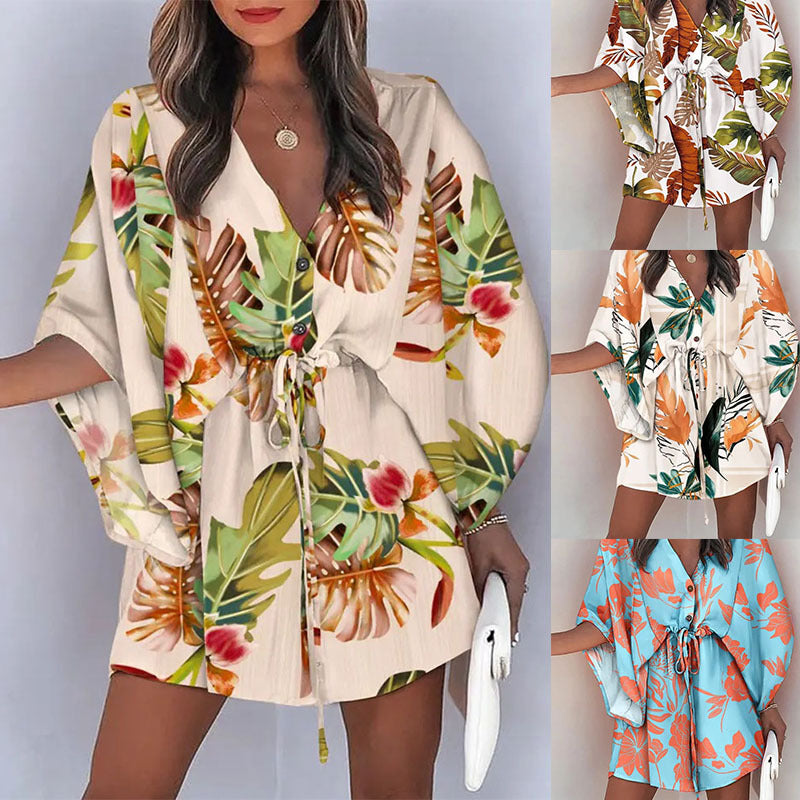 A-line dress with floral print and laced waist