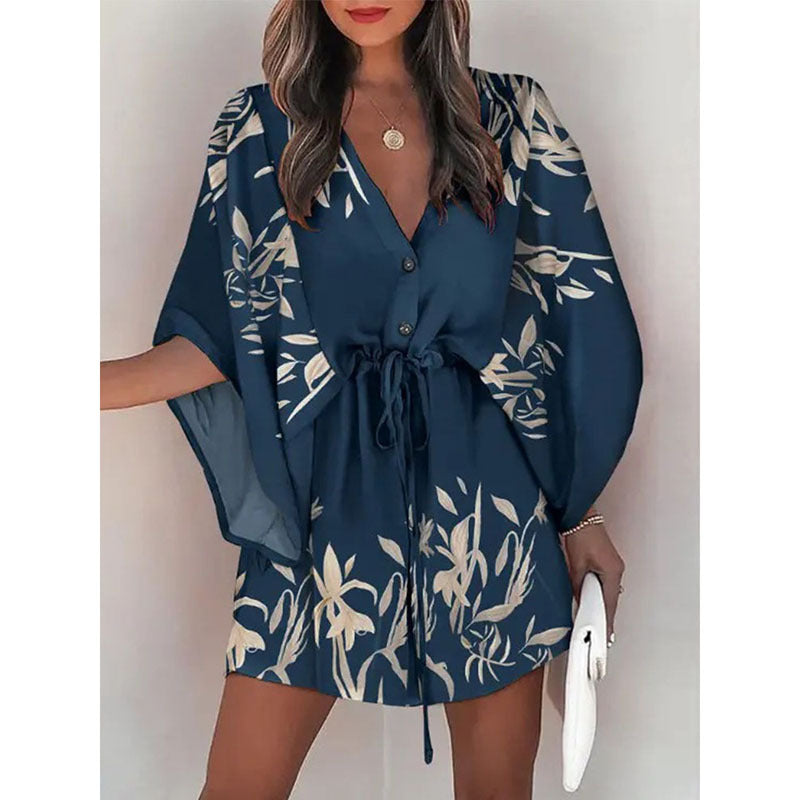 A-line dress with floral print and laced waist