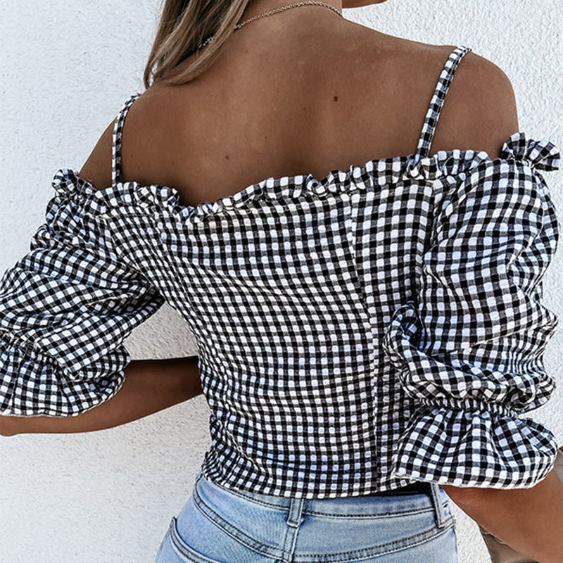 Damen Carmenbluse mit Rüschendetails und Karomuster, Größe [size missing]