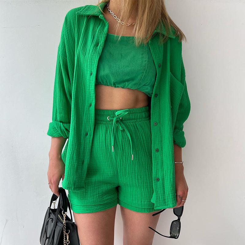 Women's casual summer outfit with modern button placket and elastic waistband, size S
