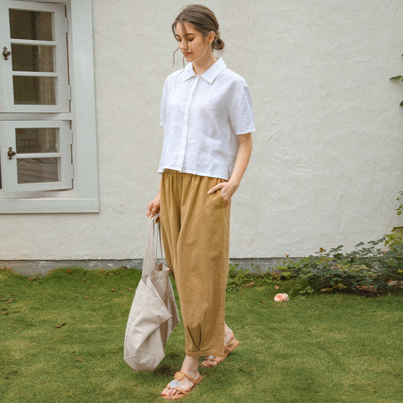 Kurzärmelige Leinenbluse für Damen mit klassischem Kragen und entspannter Passform, Größe [Größe fehlt]