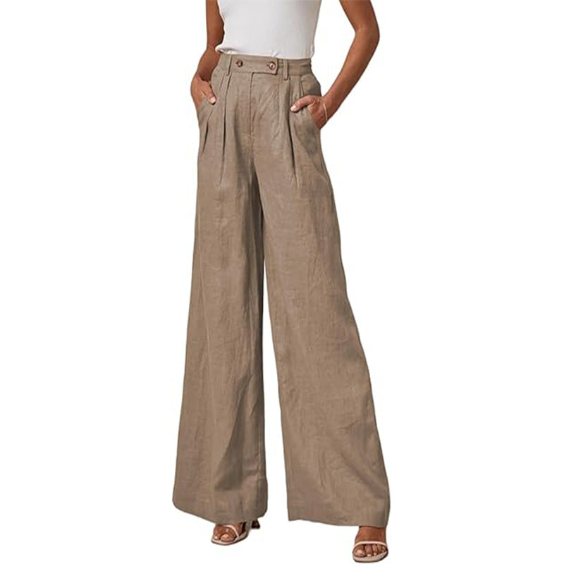 Women's elegant wide-leg linen trousers with a high waist and pleats, size