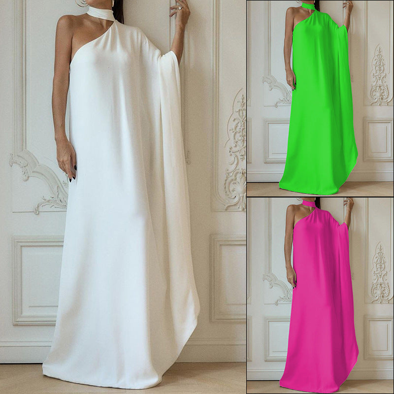 Women's elegant one-shoulder evening dress with flowing fabric and chic collar, size S