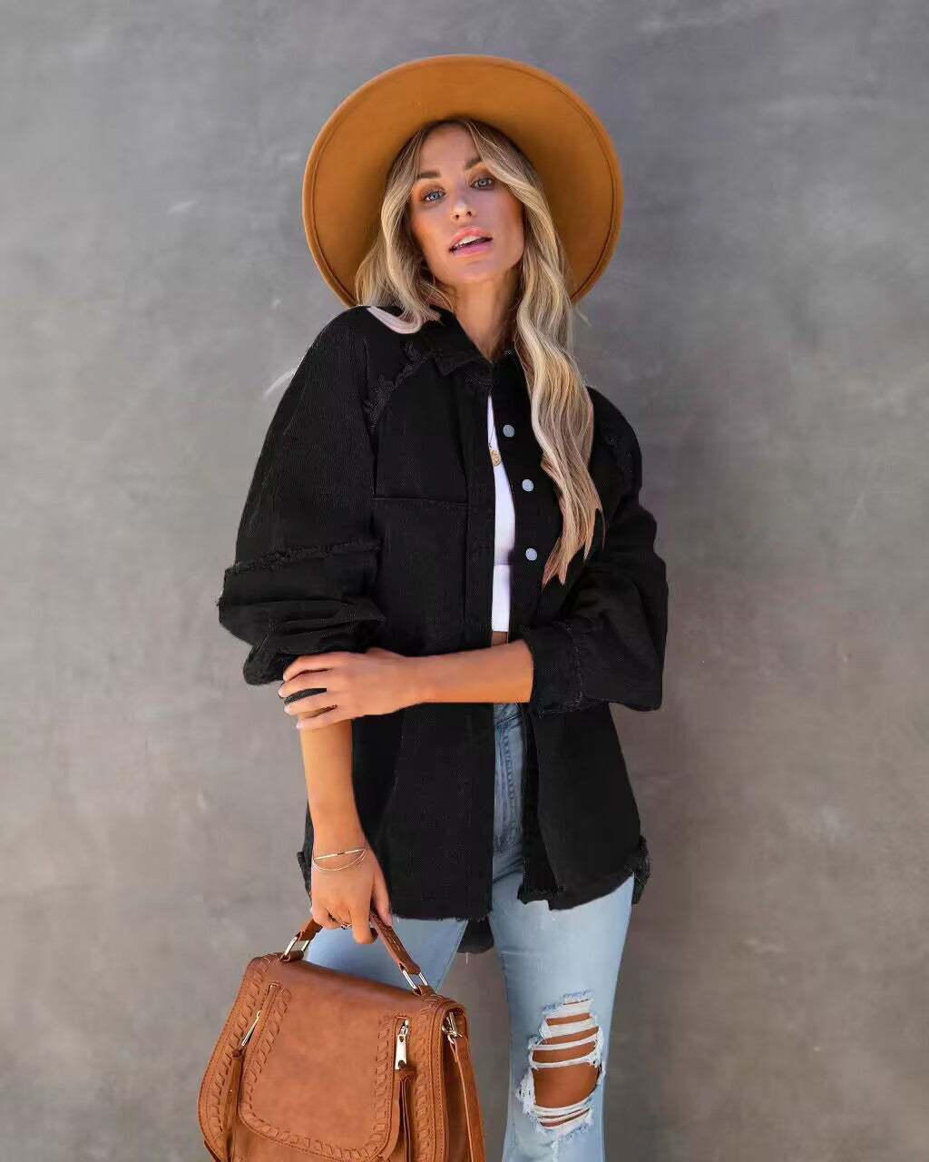 Women's casual overshirt jacket in lightweight denim with fringed details, size S