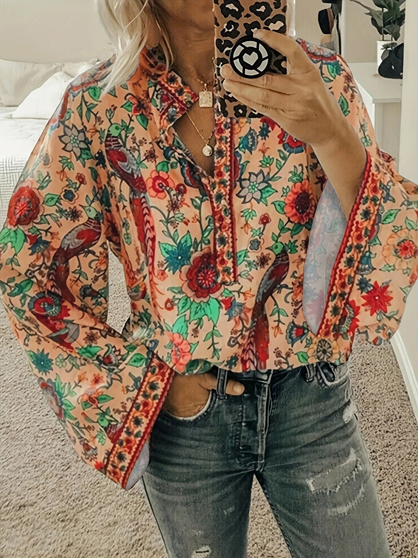 Damenbluse mit Blumenmuster und weiten Ärmeln, Größe