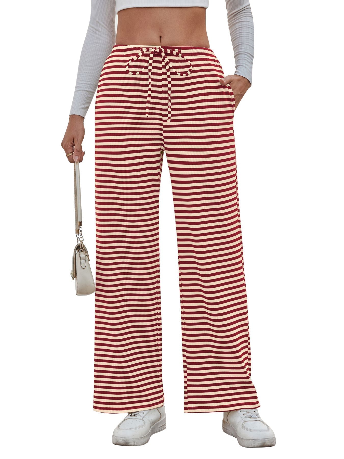 Women's wide-legged striped trousers with elasticated waistband and drawstring, size