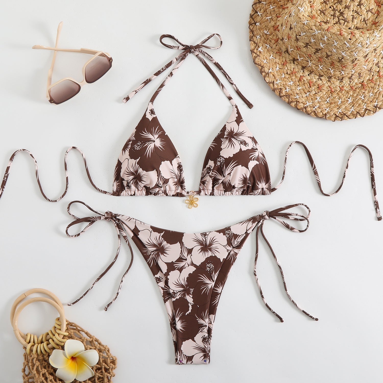 Valenzora | Damen Triangel-Bikini-Set mit verspieltem Blumenmuster und Bindebändern