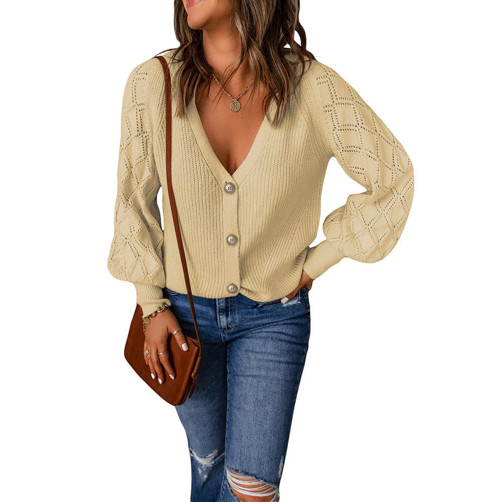 Women's cardigan with V-neck and puff sleeves, size