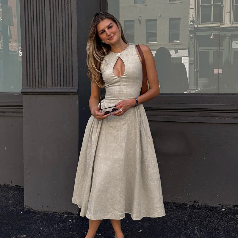 Women's midi dress with chic keyhole neckline and elegant skirt, size S