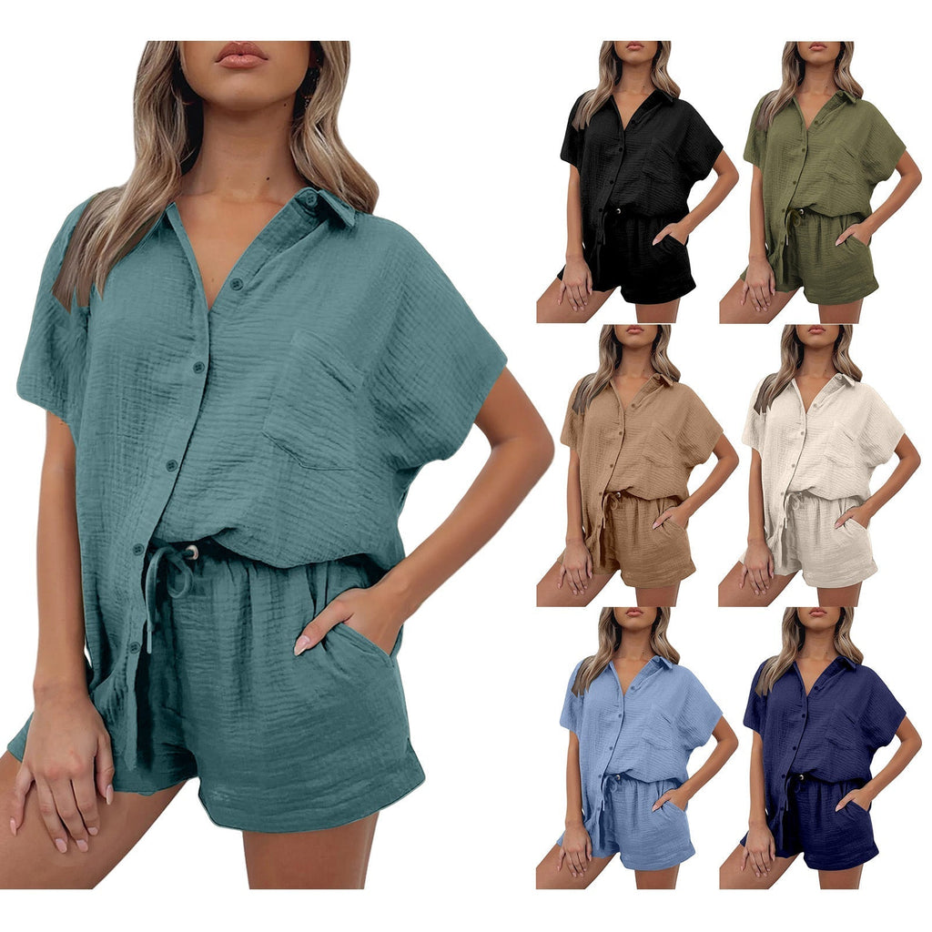 Women's casual short-sleeved shirt and shorts set made from durable cotton material with practical pockets and elastic waistband, size [size missing]