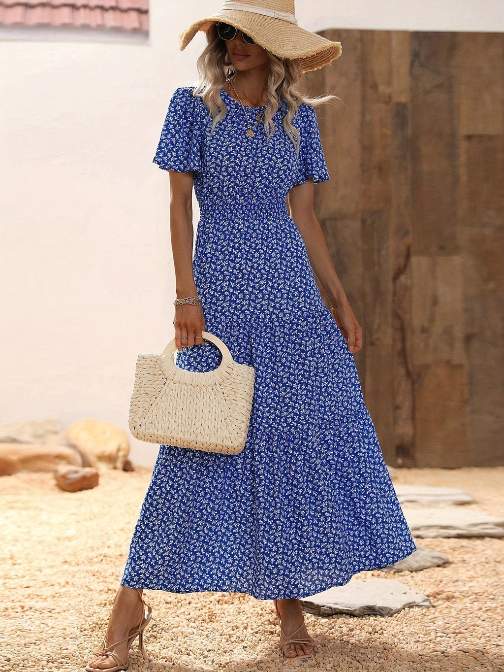 Damen-Midikleid mit voluminösen Ärmeln und fließendem Rock, Größe S