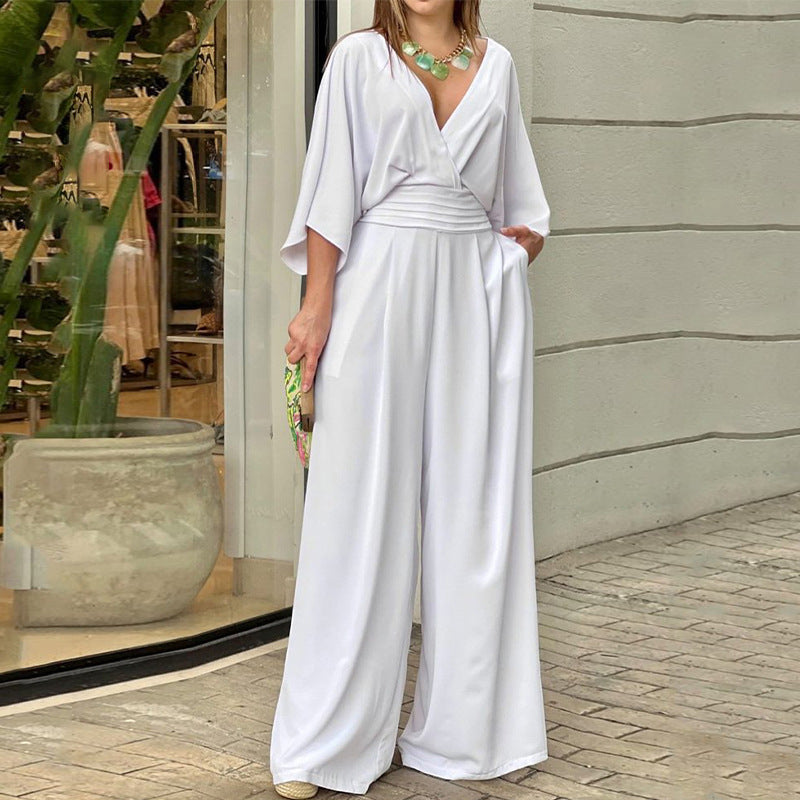 Valenzora | Spring Summer V-Neck Casual Short Sleeve Dress Loose Holiday Wide Leg One-Piece Women's