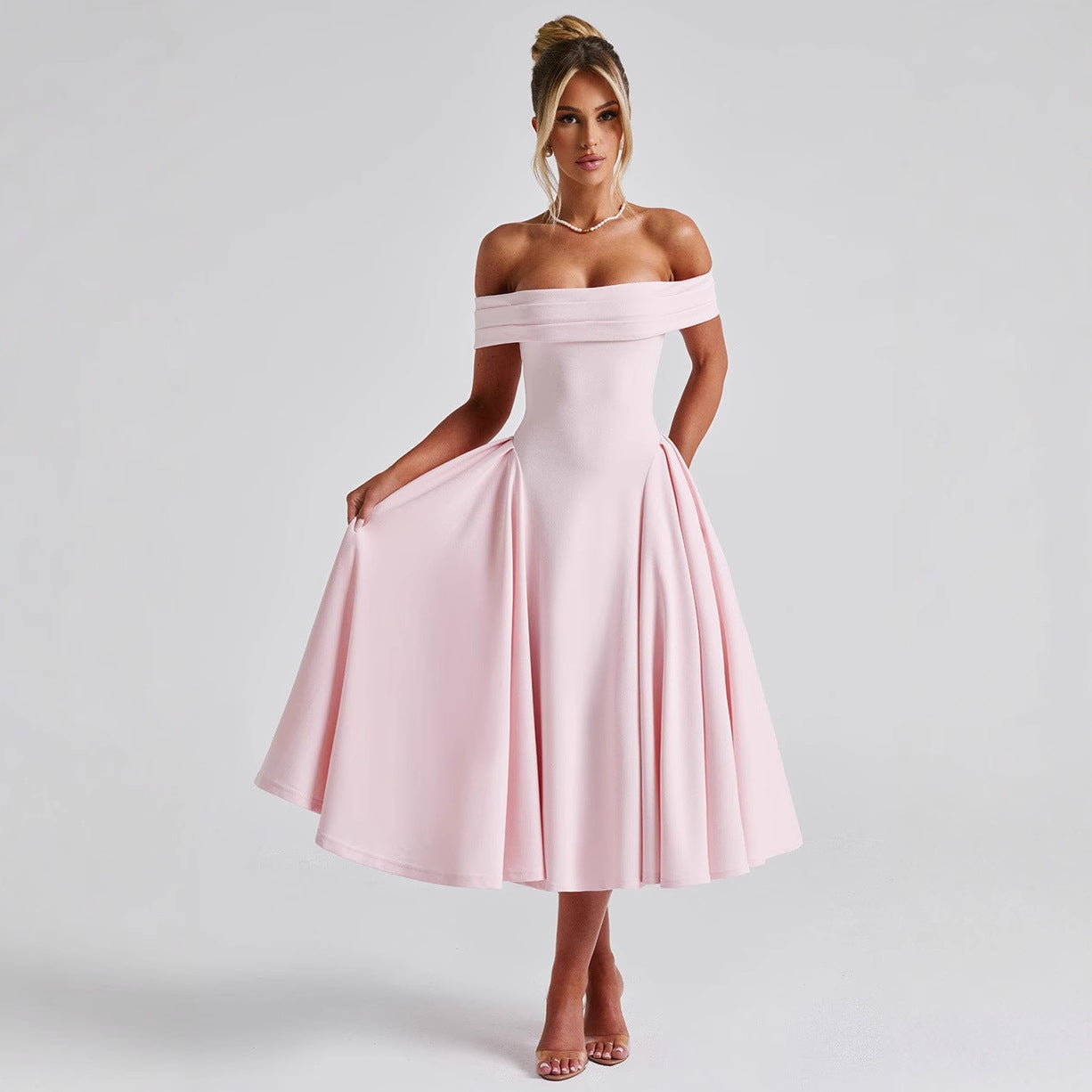 Women's elegant evening dress with off-the-shoulder design and voluminous skirt, size S