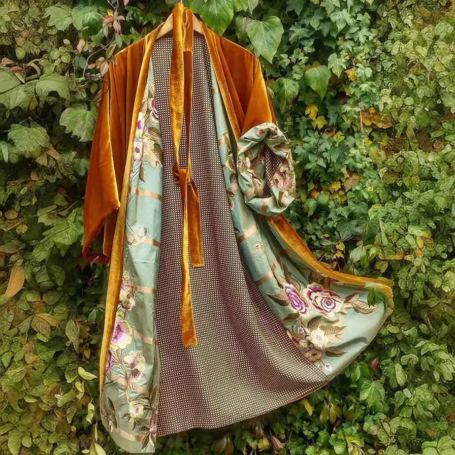 Valenzora | Satin Digital Floral Waist Belt Cardigan Pajamas