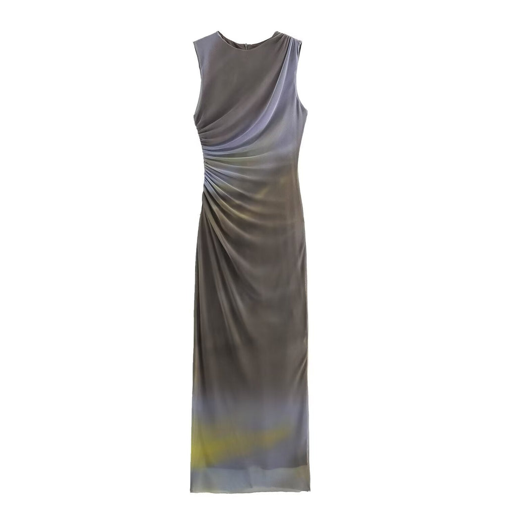 ValenzoraMODE | Solid Color Round Neck Sleeveless Pleated Slim Fit Dress