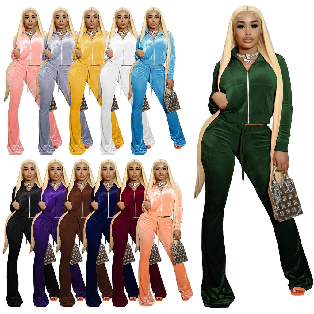 Women's velour tracksuit with zip front and wide-leg trousers, size
