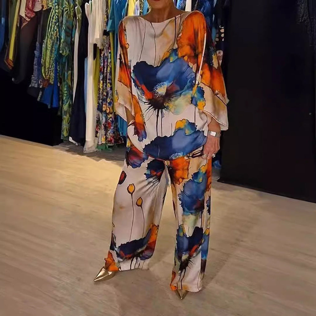 Valenzora | Elegant satin one-shoulder printed loose set
