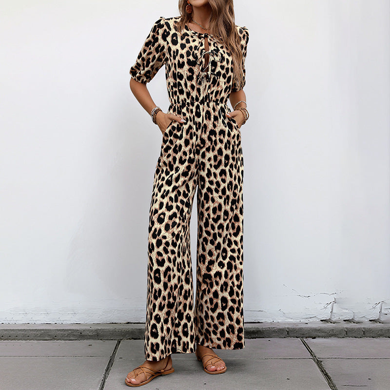 Women's casual jumpsuit with leopard print and off-the-shoulder puff sleeves, size [size]