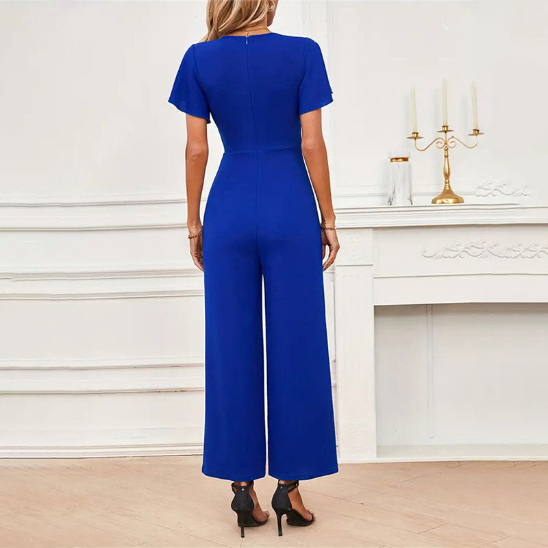 Women's elegant wide-leg jumpsuit with ruffle details, size