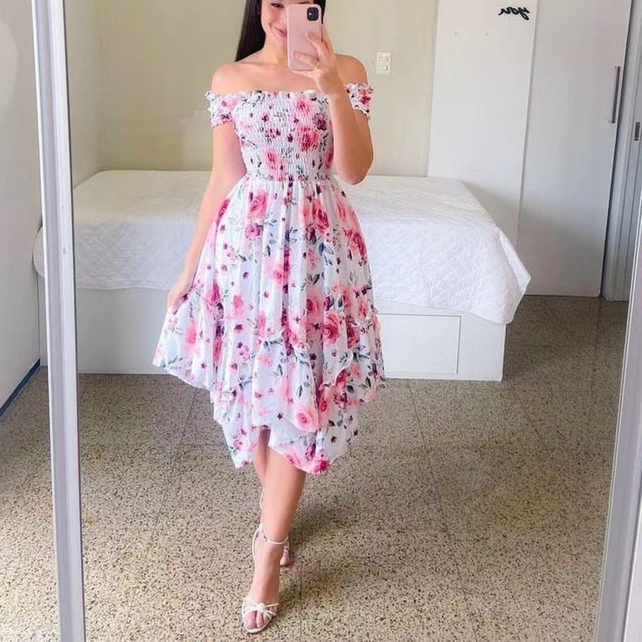 Women's summer off-the-shoulder dress with a colorful butterfly pattern and flowing pleats, size S
