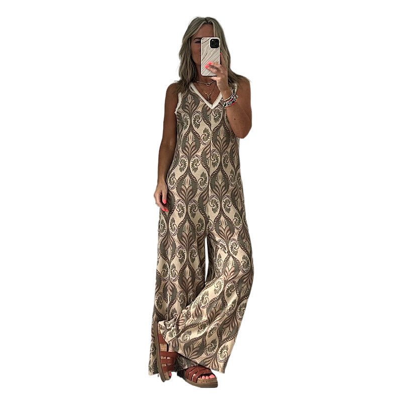 Women's wide-leg jumpsuit with elegant leaf pattern, size
