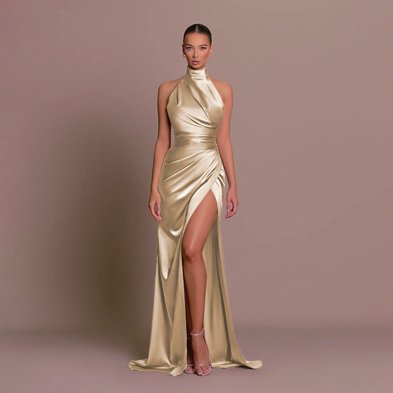 Valenzora | Brautjungfernkleid Satin Neckholder Rückenfrei Ärmellos Elegant Hochzeit Cocktail Zeremonie Gast