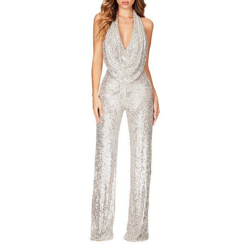 Damen Jumpsuit, glamourös, mit schimmernden Pailletten-Applikationen und tiefem V-Ausschnitt, Größe S