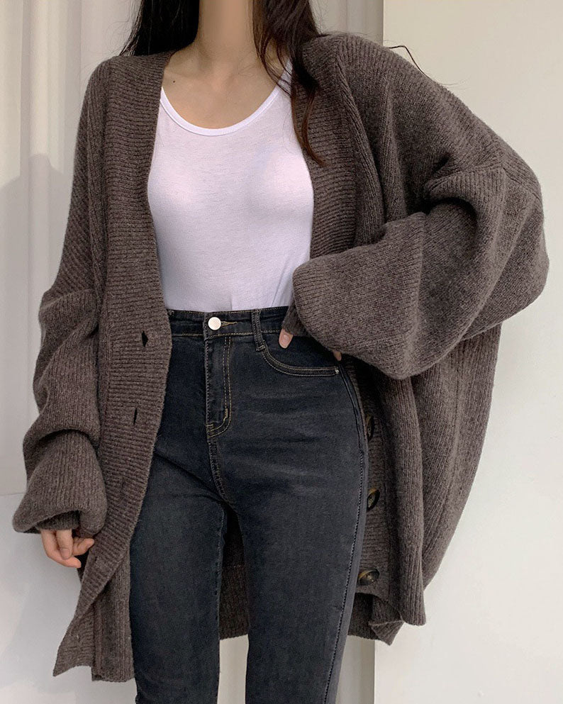 Valenzora V-neck single-breasted loose lantern sleeve knit cardigan