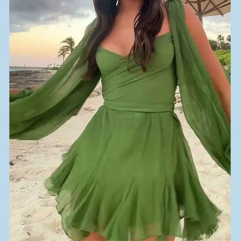 Women's short dress with a flowing skirt and sheer sleeves, size S