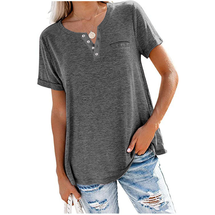 Women's casual T-shirt with button placket and chest pocket, size